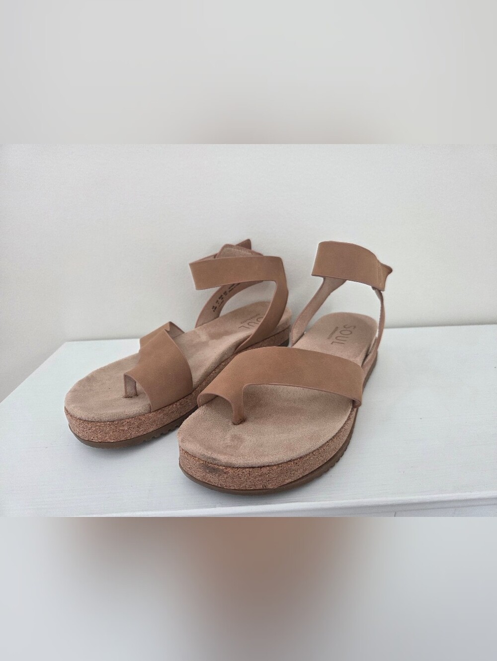 SOUL Naturalizer Neutral Tan Platform Sandal with Ankle Strap.